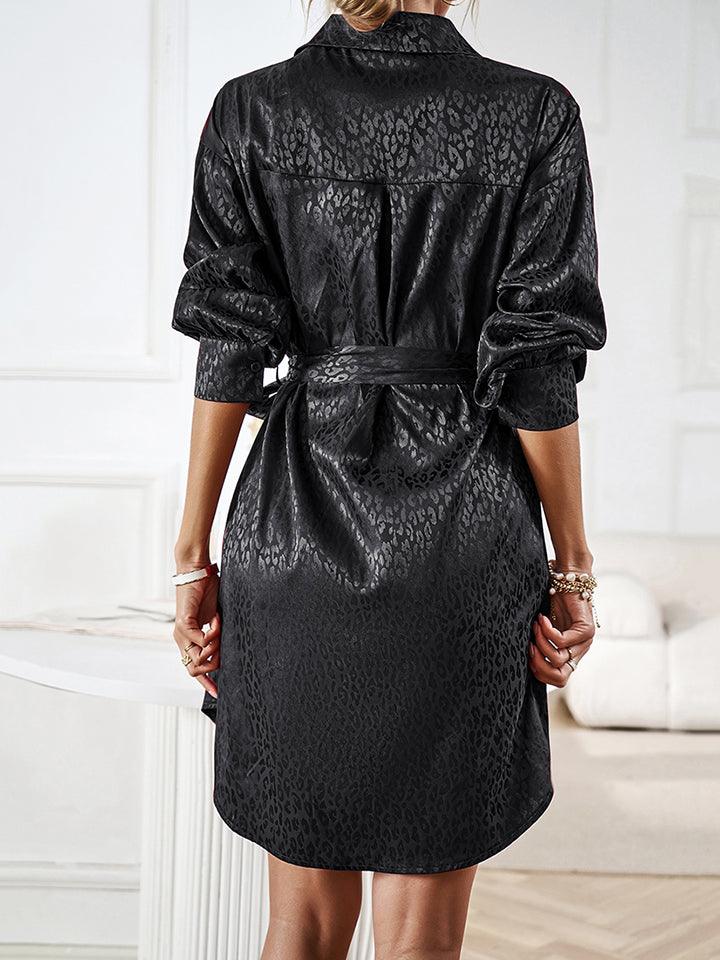 Leopard Tie Waist Collared Neck Shirt Dress - Dresses