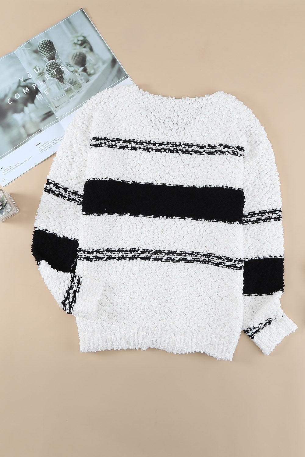 Striped V-Neck Popcorn Knit Sweater - Sweater