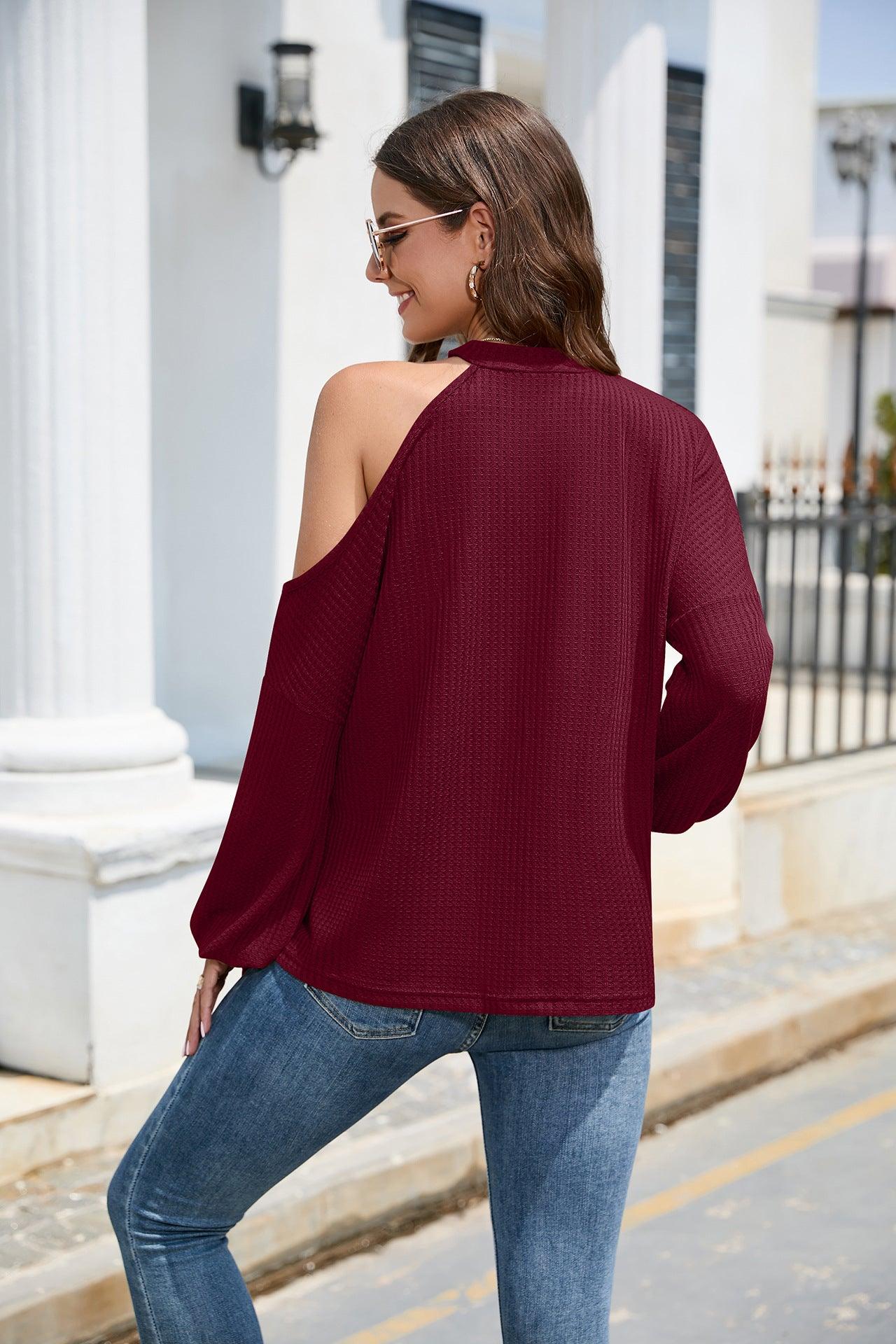 Cold Shoulder Long Lantern Sleeve Waffle-Knit Top - Top