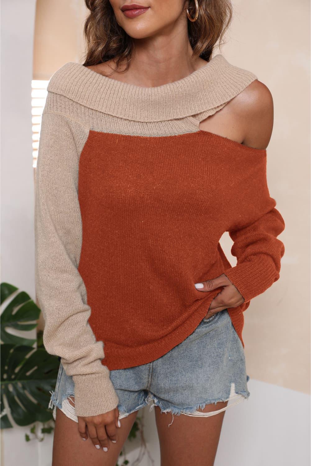 Asymmetrical Long Sleeve Two-Tone Cutout Sweater - Sweater