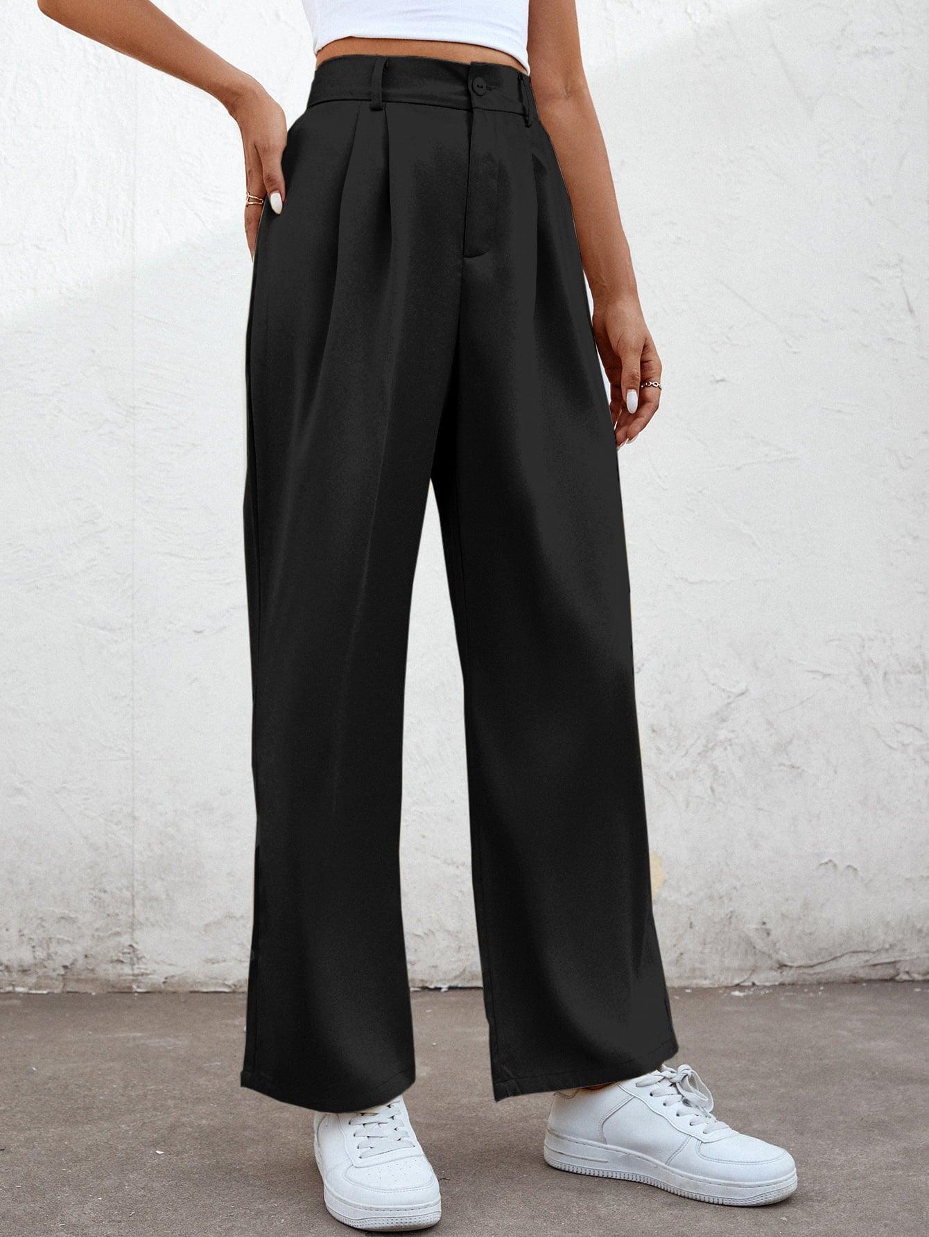 Cropped High Waist Straight Leg Pleated Pants - Pant