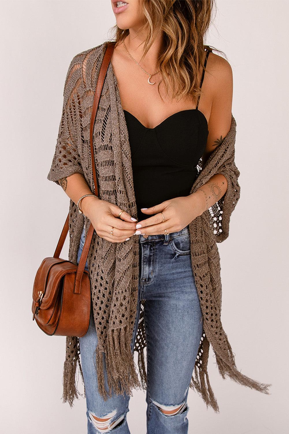 Open Work Fringe Hem Slit Open Front Cardigan - Cardigan