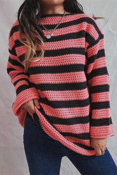 Striped Round Neck Dropped Shoulder Sweater - Sweater