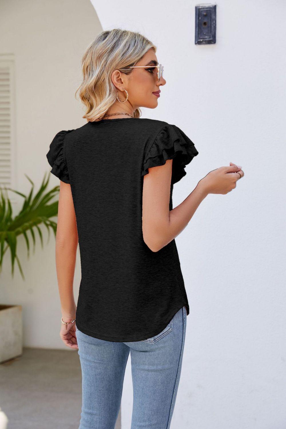 Smocked Layered Ruffle Flutter Sleeve V-Neck Top - Top