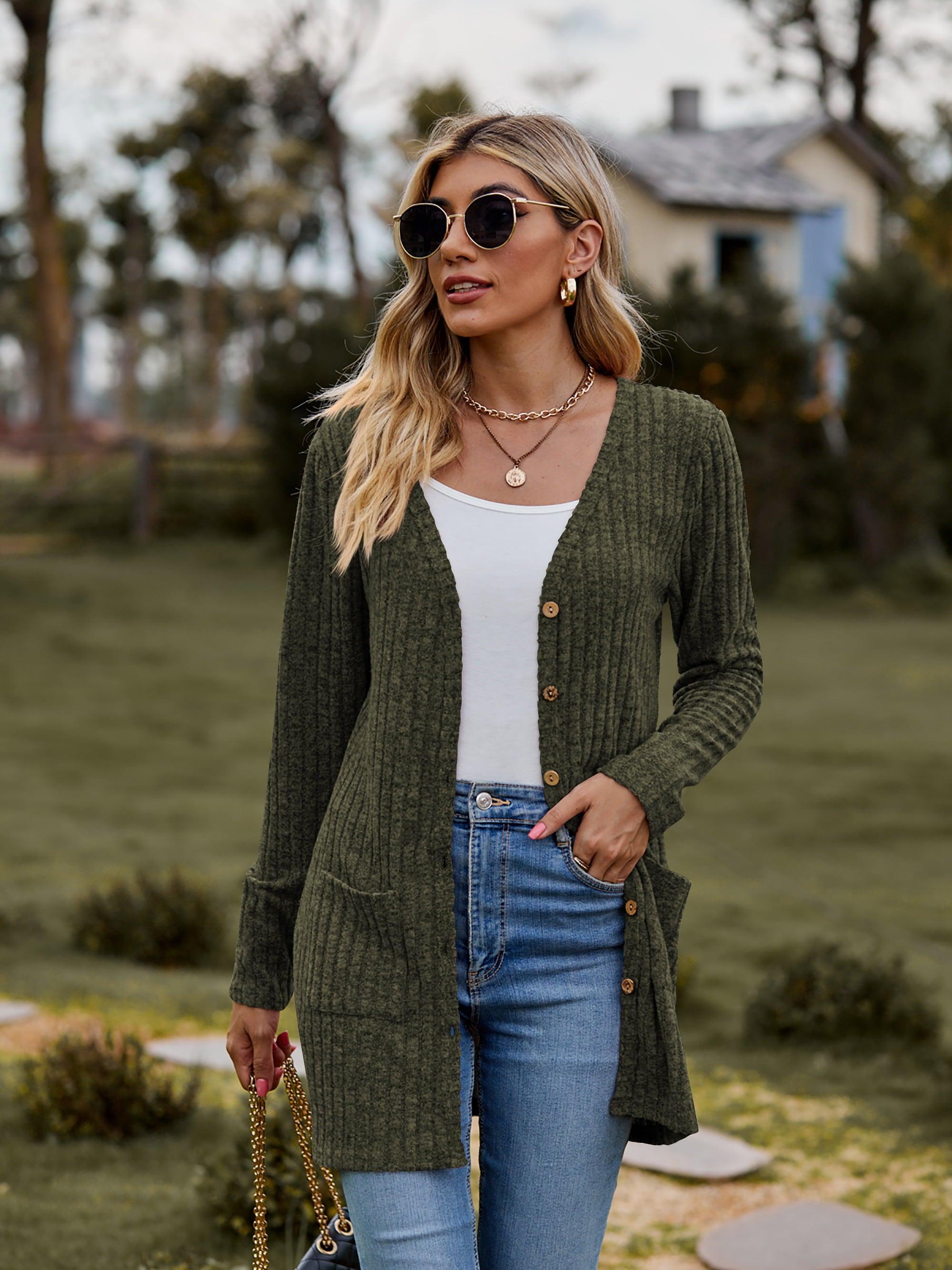 Ribbed Button-UP Cardigan with Pockets - Cardigan