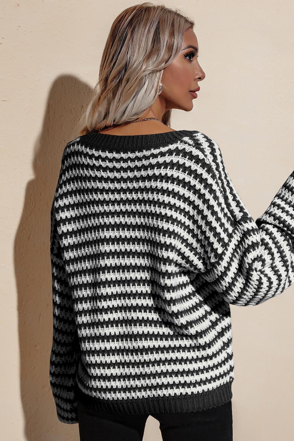 Striped V-Neck Dropped Shoulder Sweater - Sweater