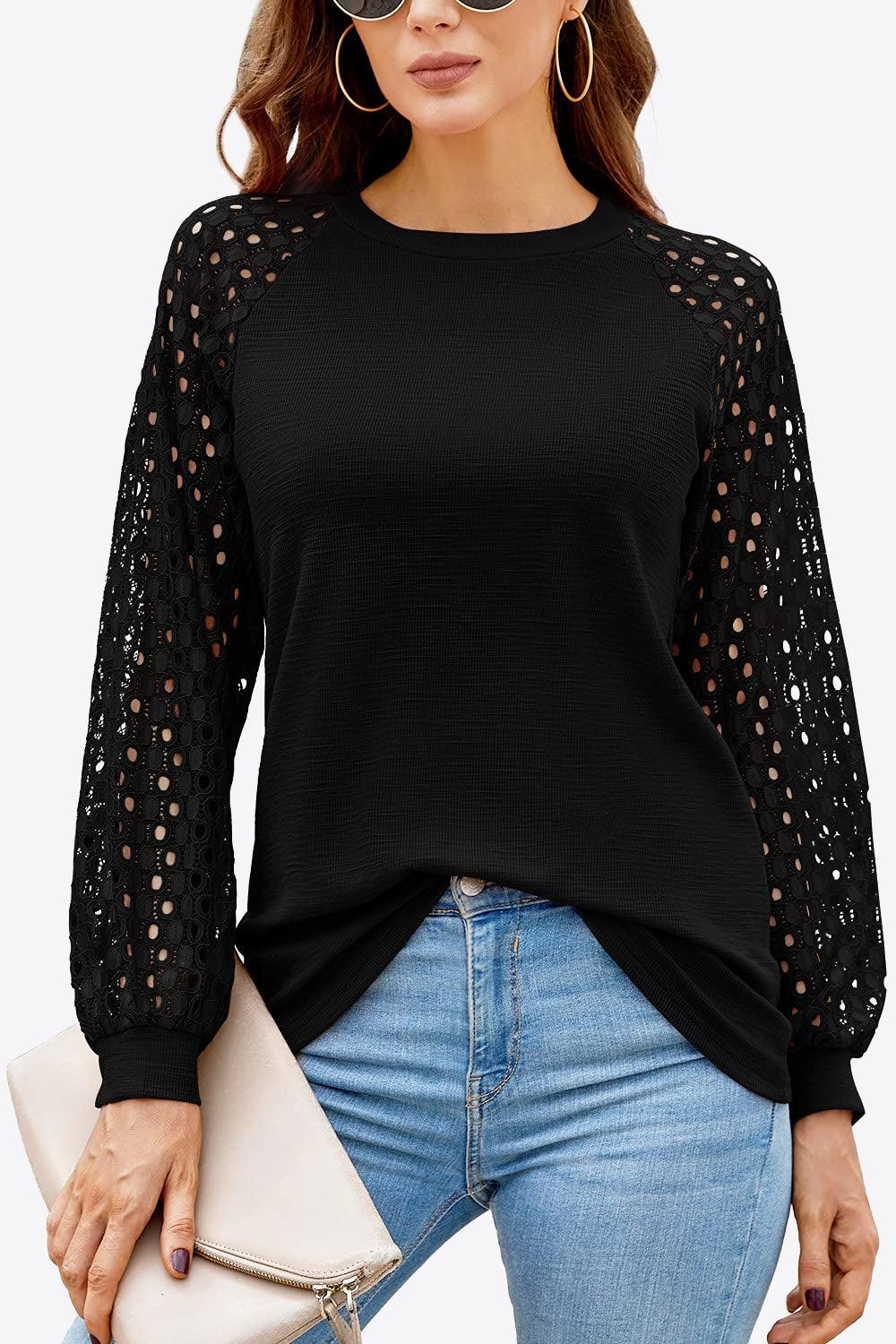 Eyelet Long Raglan Sleeve Round Neck Tee - Top