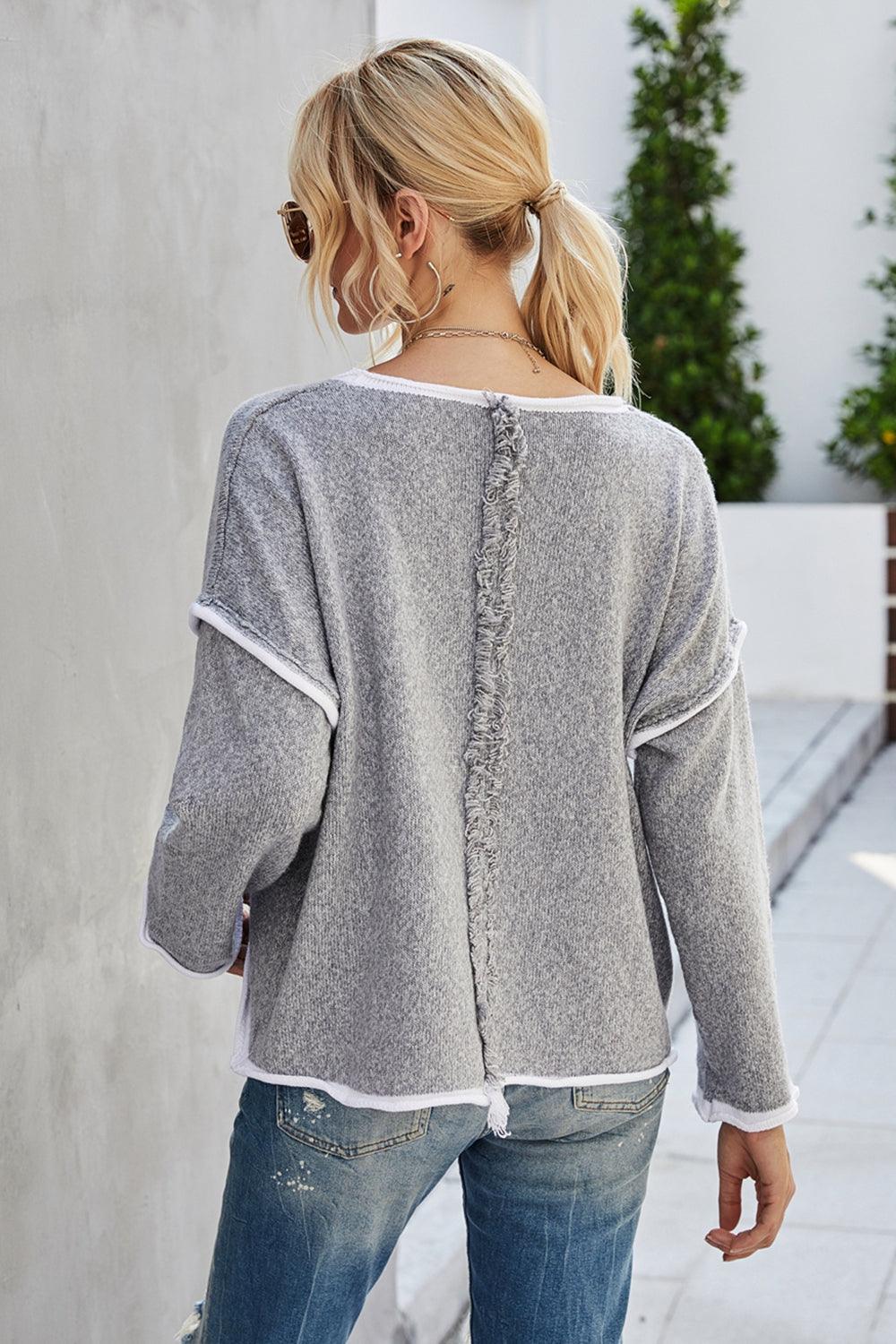 Round Neck Dropped Shoulder Wide Sleeve Sweater - Sweater