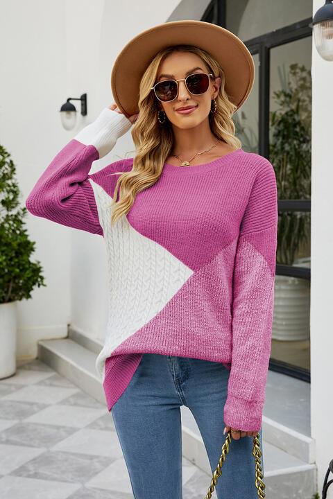 Color Block Round Neck Sweater - Sweater