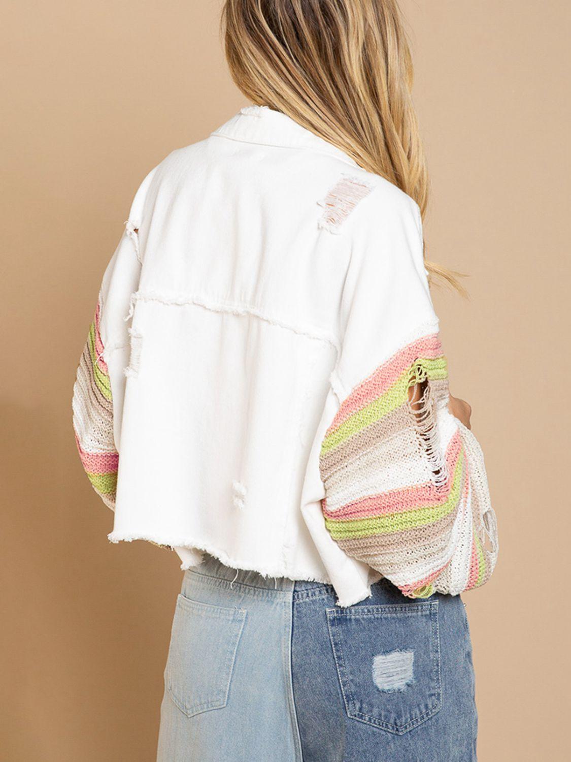 Distressed Striped Long Sleeve Denim Jacket - Jacket