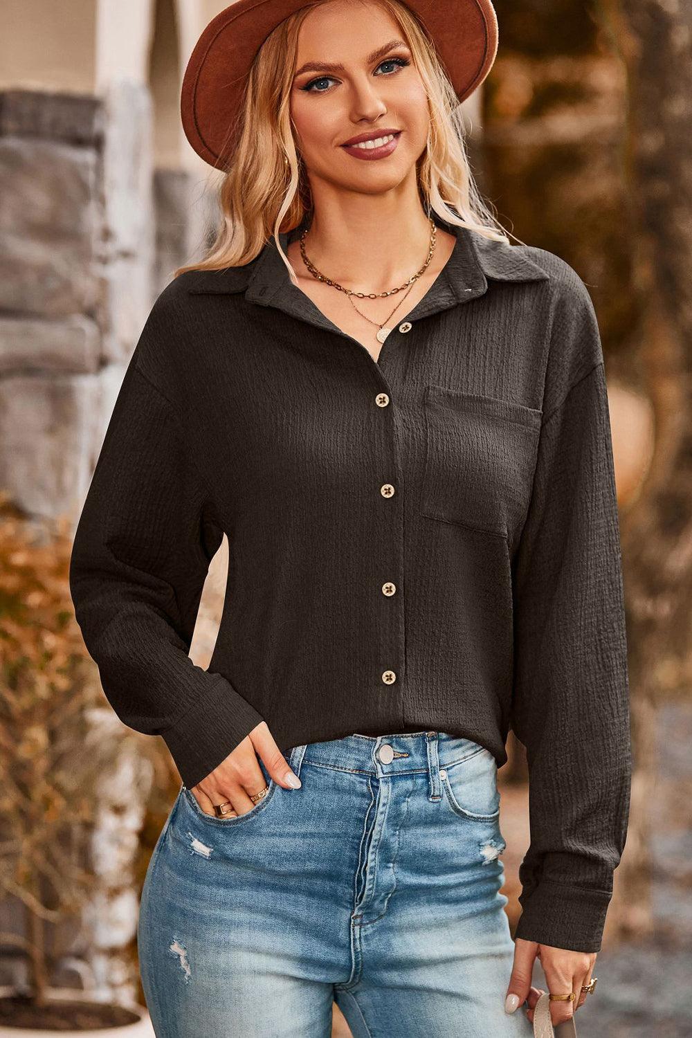 Twisted Collared Neck Long Sleeve Shirt - Shirt