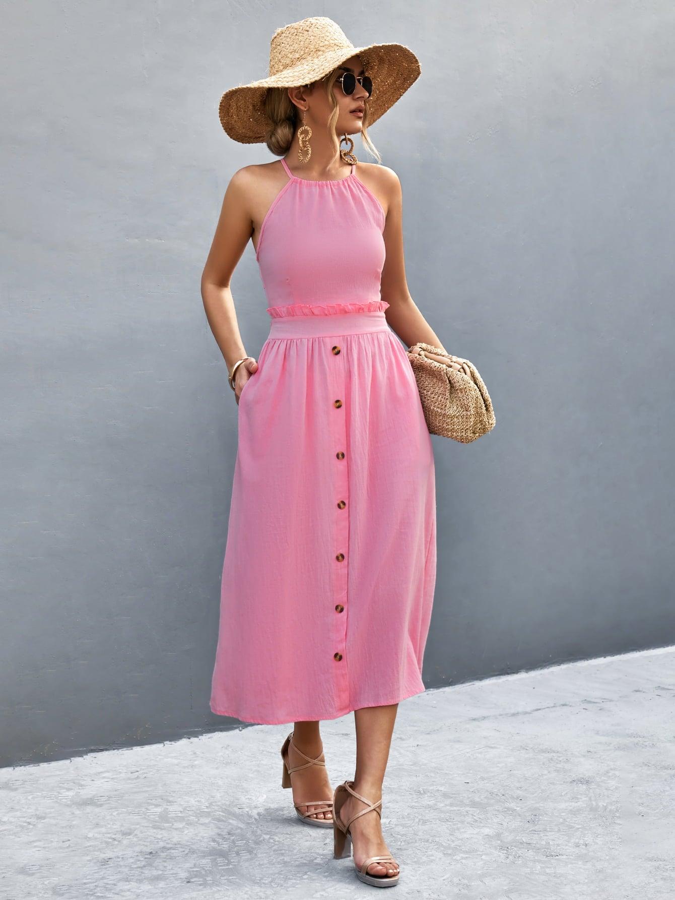 Buttoned Halter Neck Frill Trim Midi Dress - Dresses