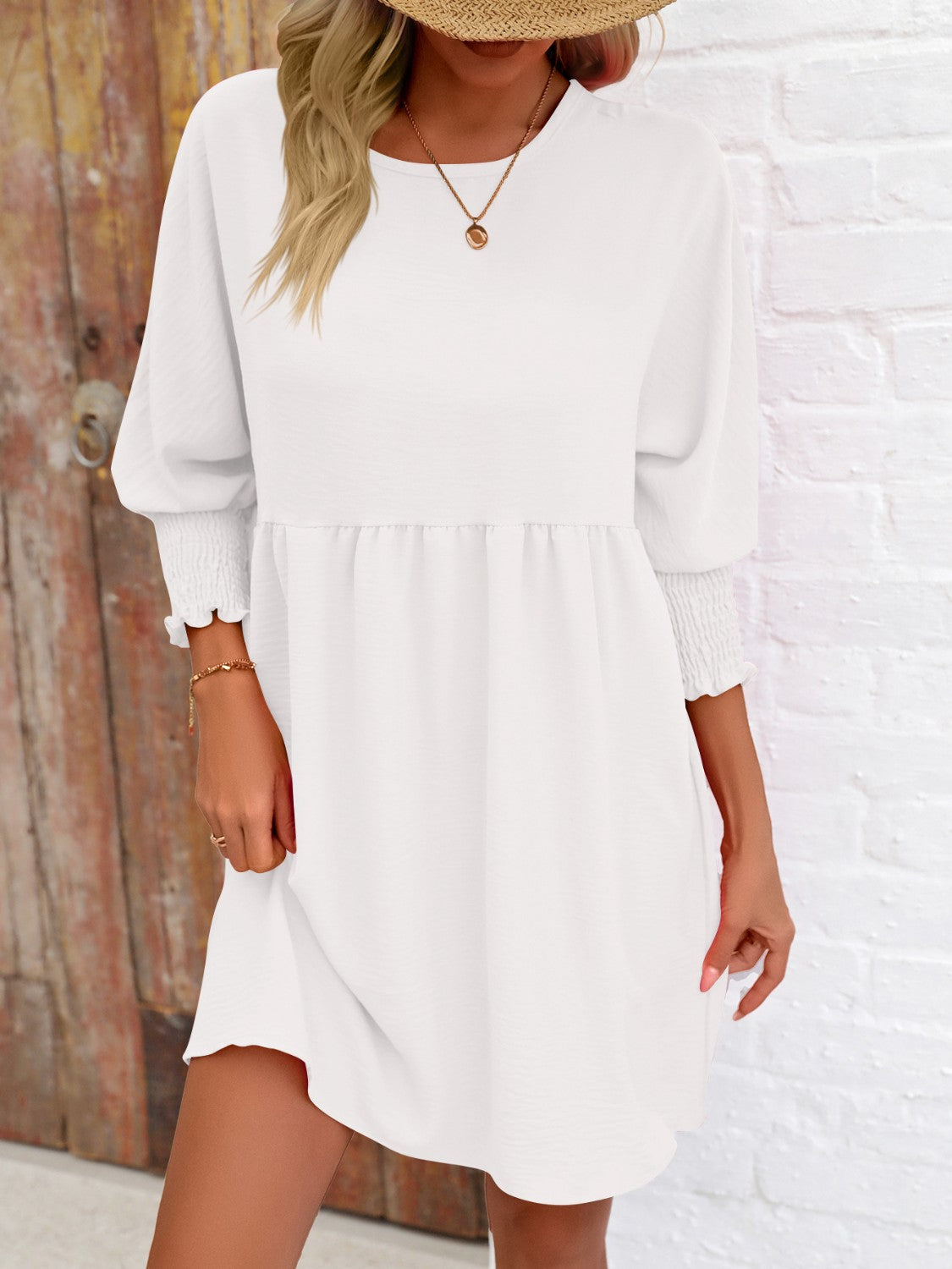 Round Neck Long Lantern Sleeve Mini Dress