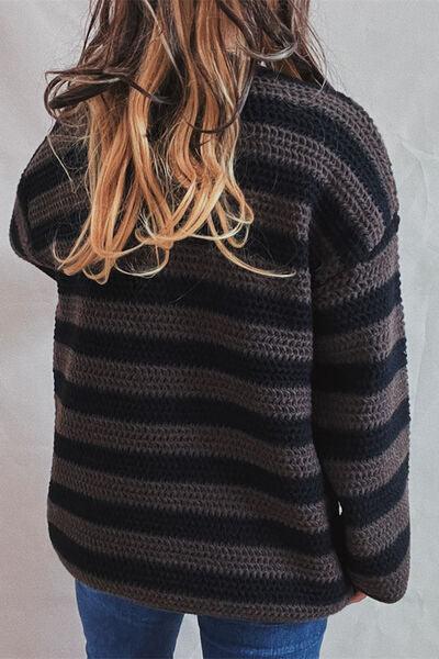 Striped Round Neck Dropped Shoulder Sweater - Sweater