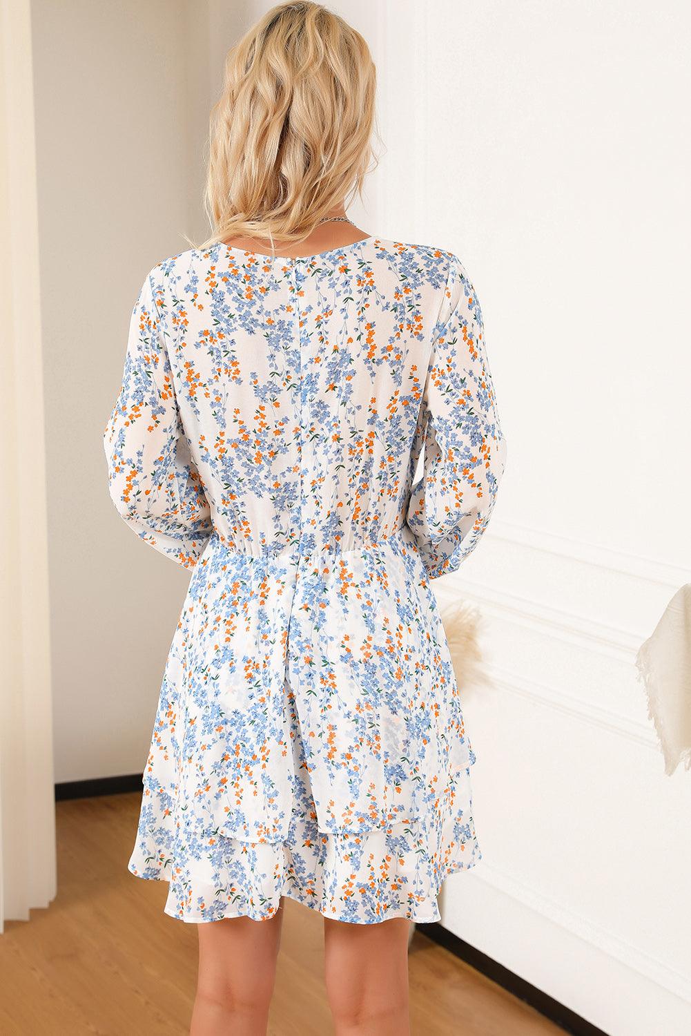 Floral Surplice Balloon Sleeve Mini Dress - Dresses