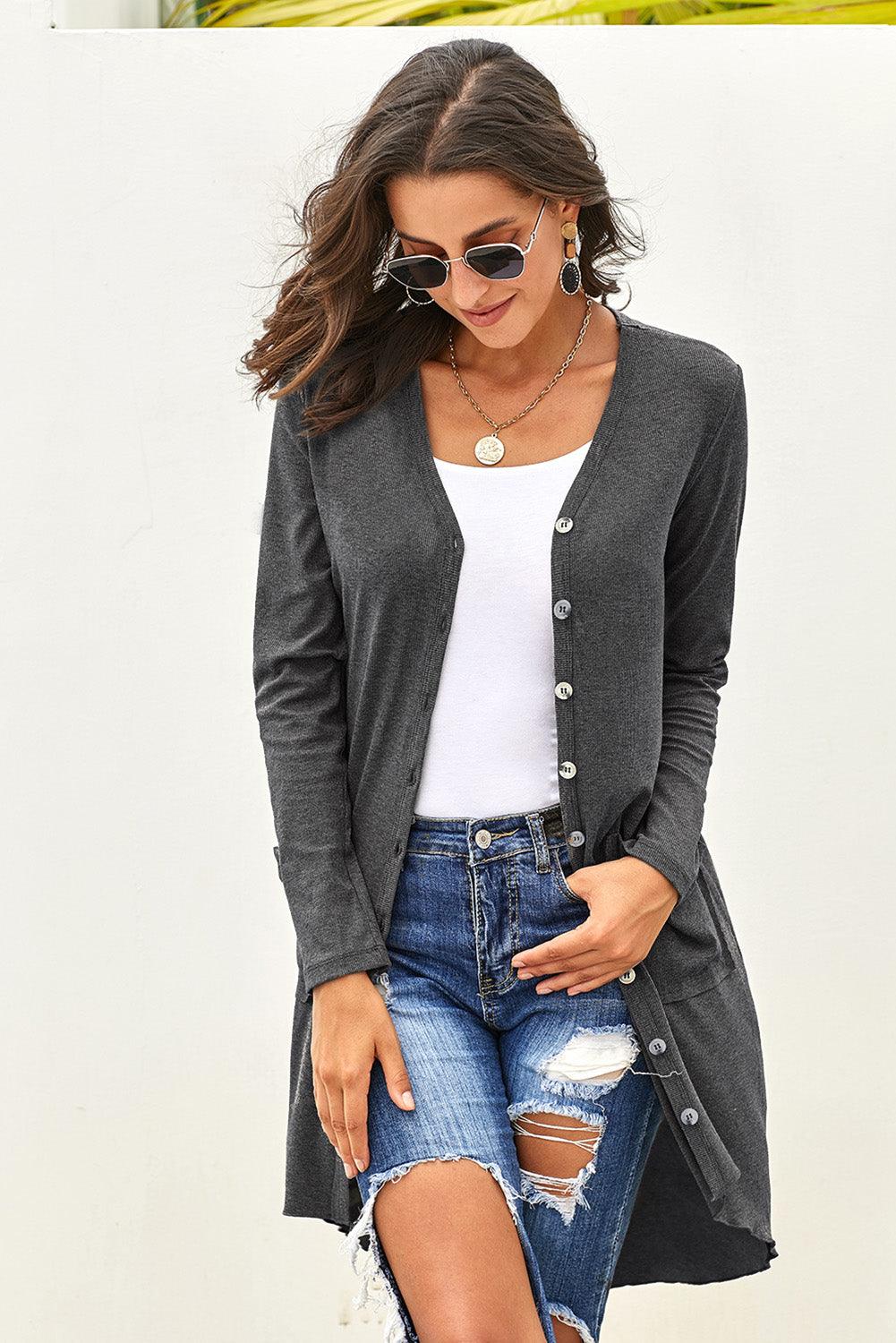 Buttoned V-Neck Long Sleeve Cardigan with Pockets - Cardigan