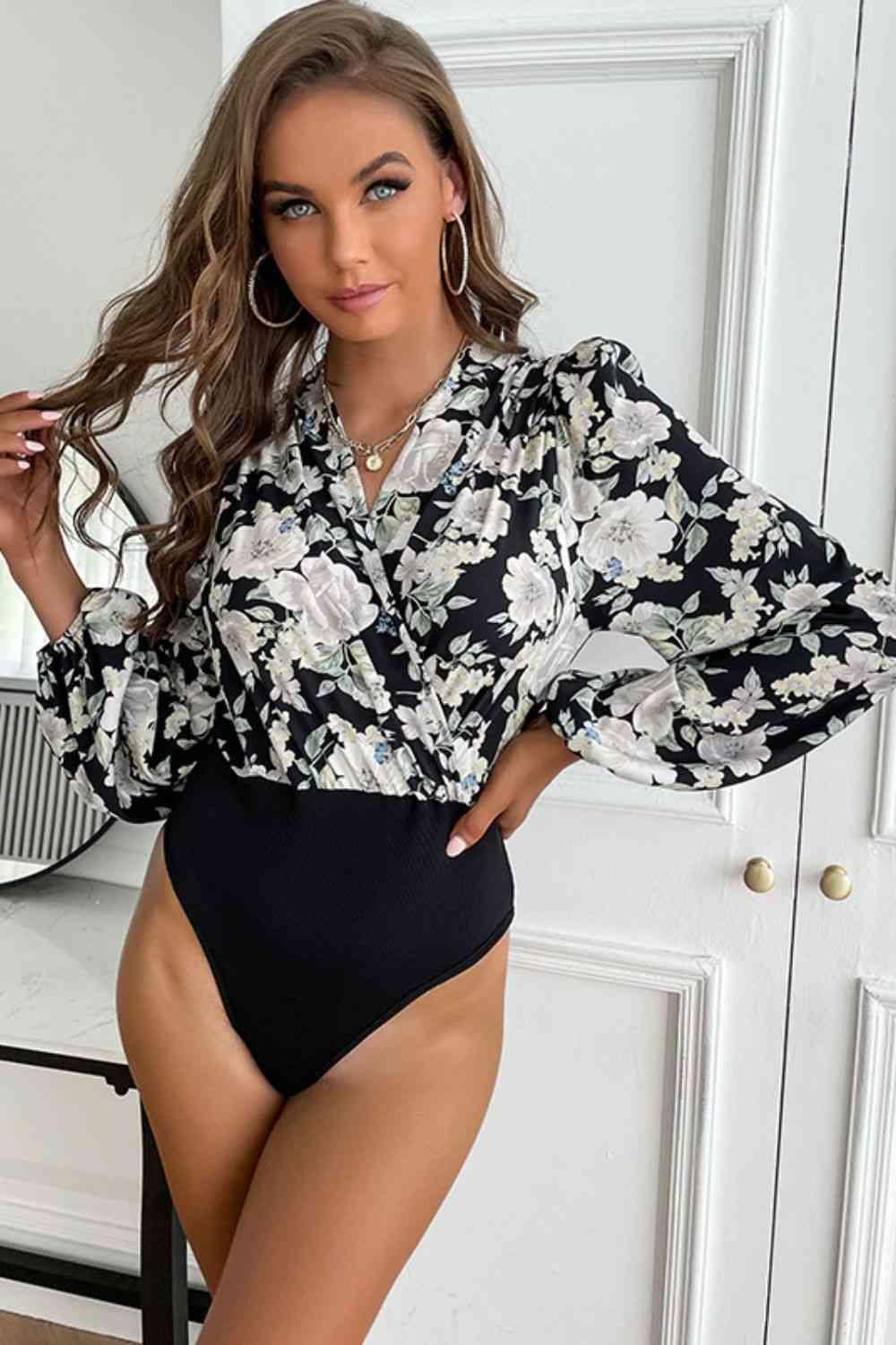 Floral Surplice Neck Puff Sleeve Bodysuit - Bodysuit