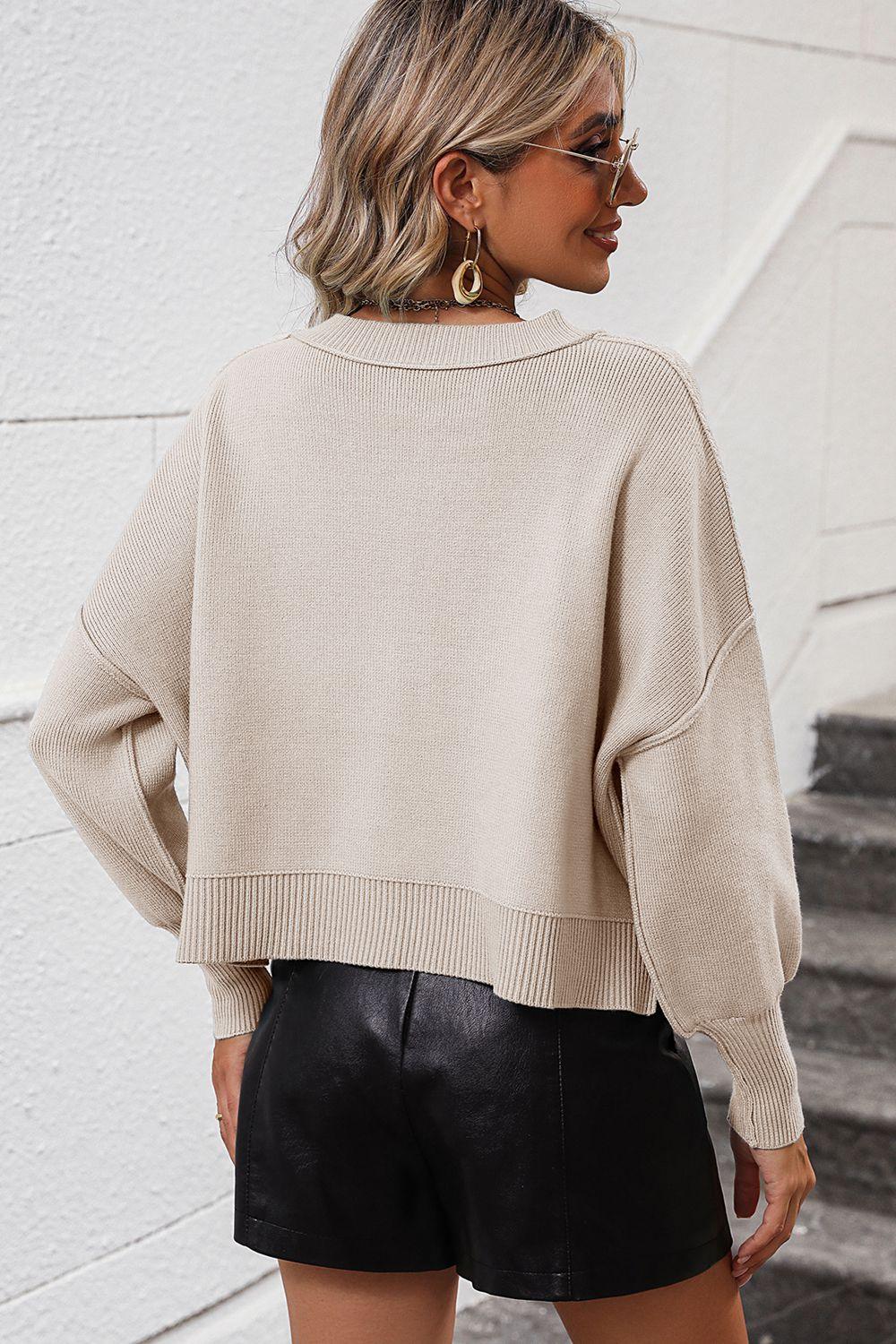 Round Neck Dropped Shoulder Pullover Cropped Sweater - Sweater