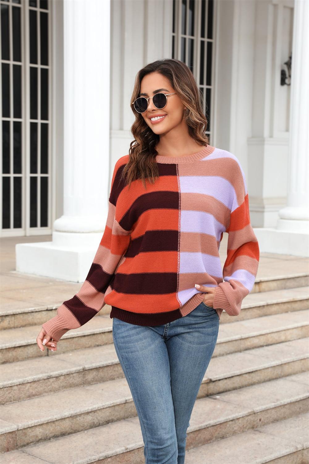 Round Neck Color Block Striped Sweater - Sweater