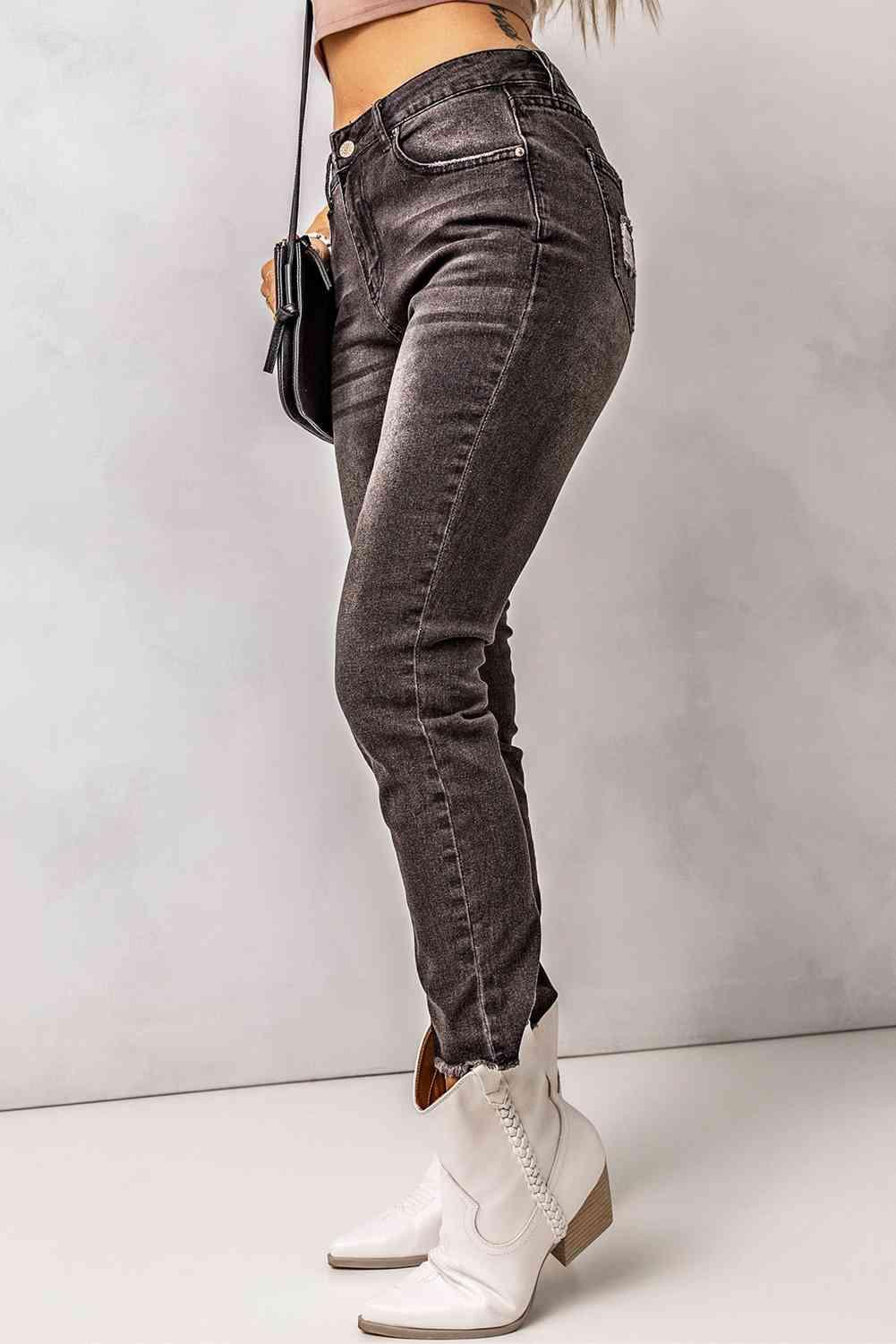 High Waist Raw Hem Skinny Jeans - Jeans