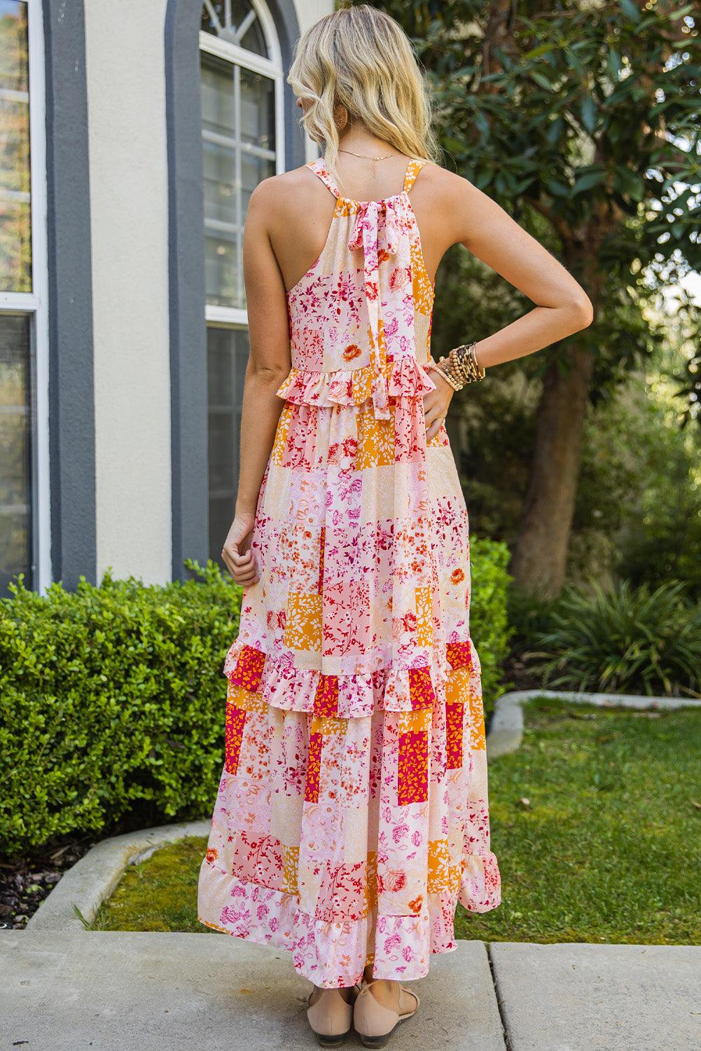 Printed Patchwork Halter Neck Ruffled Maxi Dress - Dresses