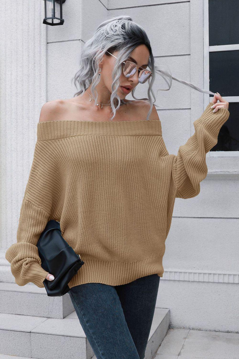 Off-Shoulder Ribbed Dropped Shoulders Sweater - Sweater