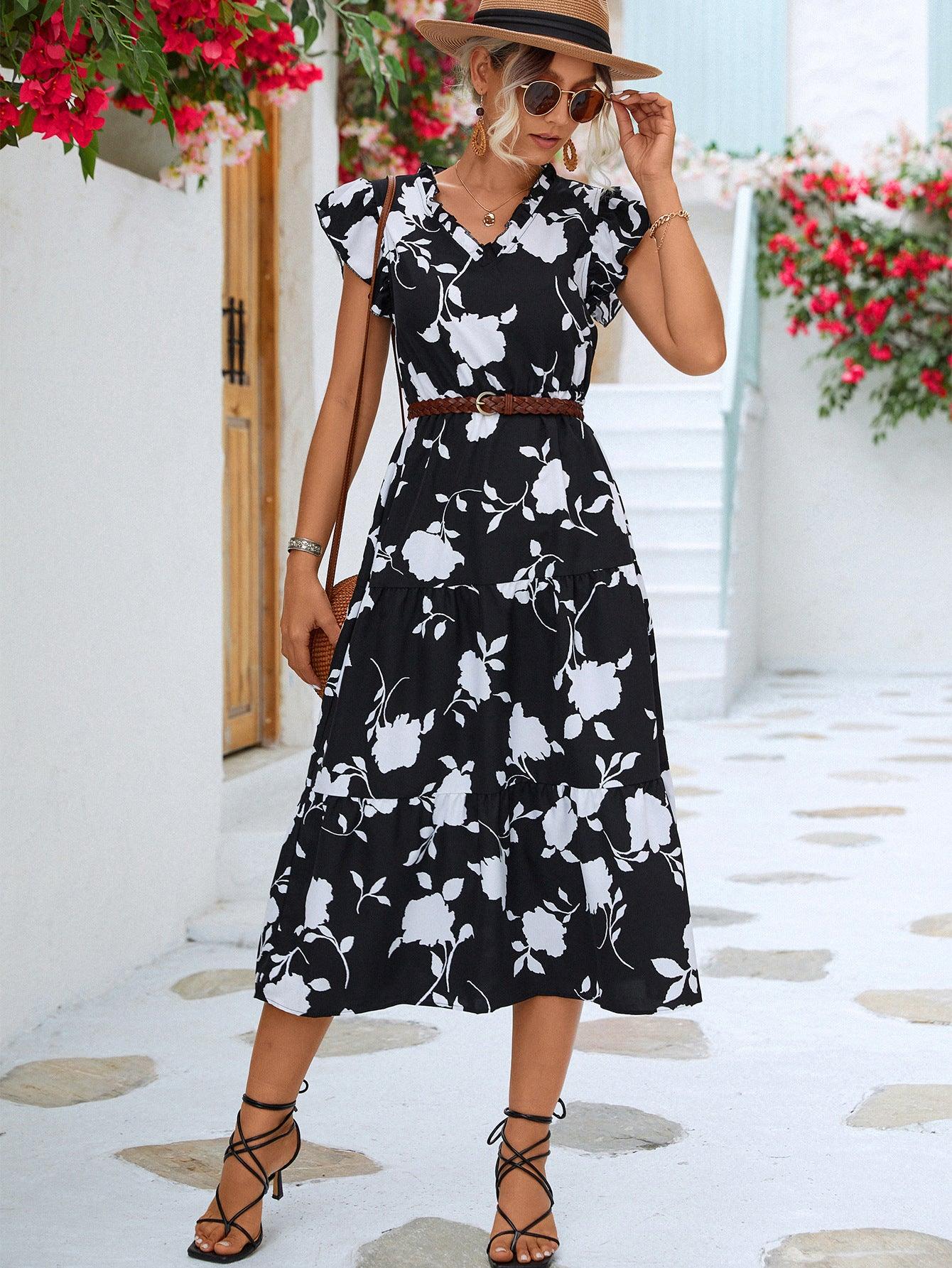 Floral Frill Trim V-Neck Flounce Sleeve Tiered Midi Dress - Dresses