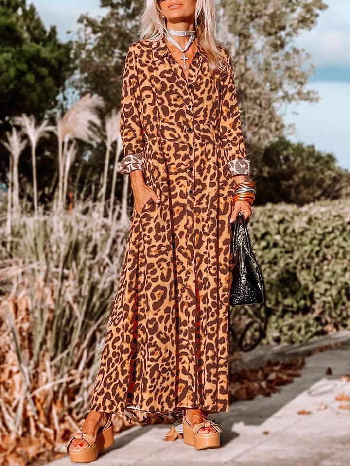 Collared Leopard Buttoned Maxi Dress - Dresses