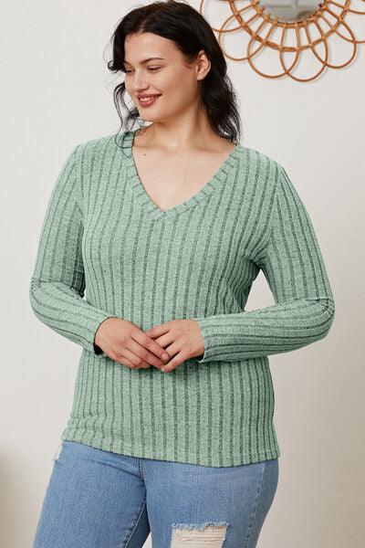 Basic Bae Ribbed V-Neck Long Sleeve Top - Top