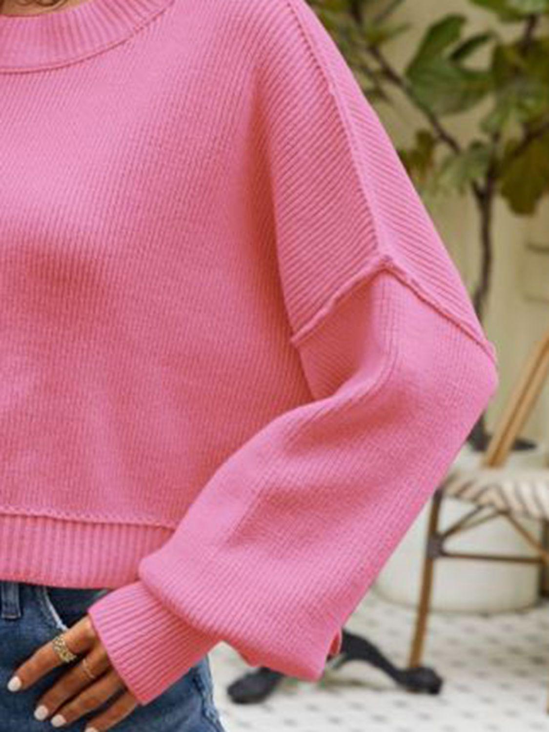 Round Neck Dropped Shoulder Cropped Sweater - Sweater