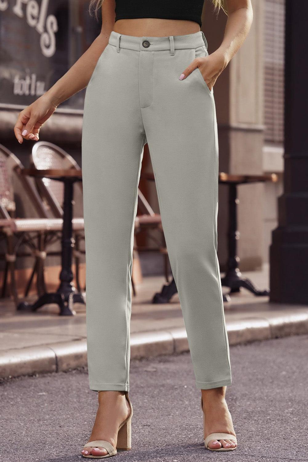 Cropped Straight Leg High Waist Pants with Pockets - Pant