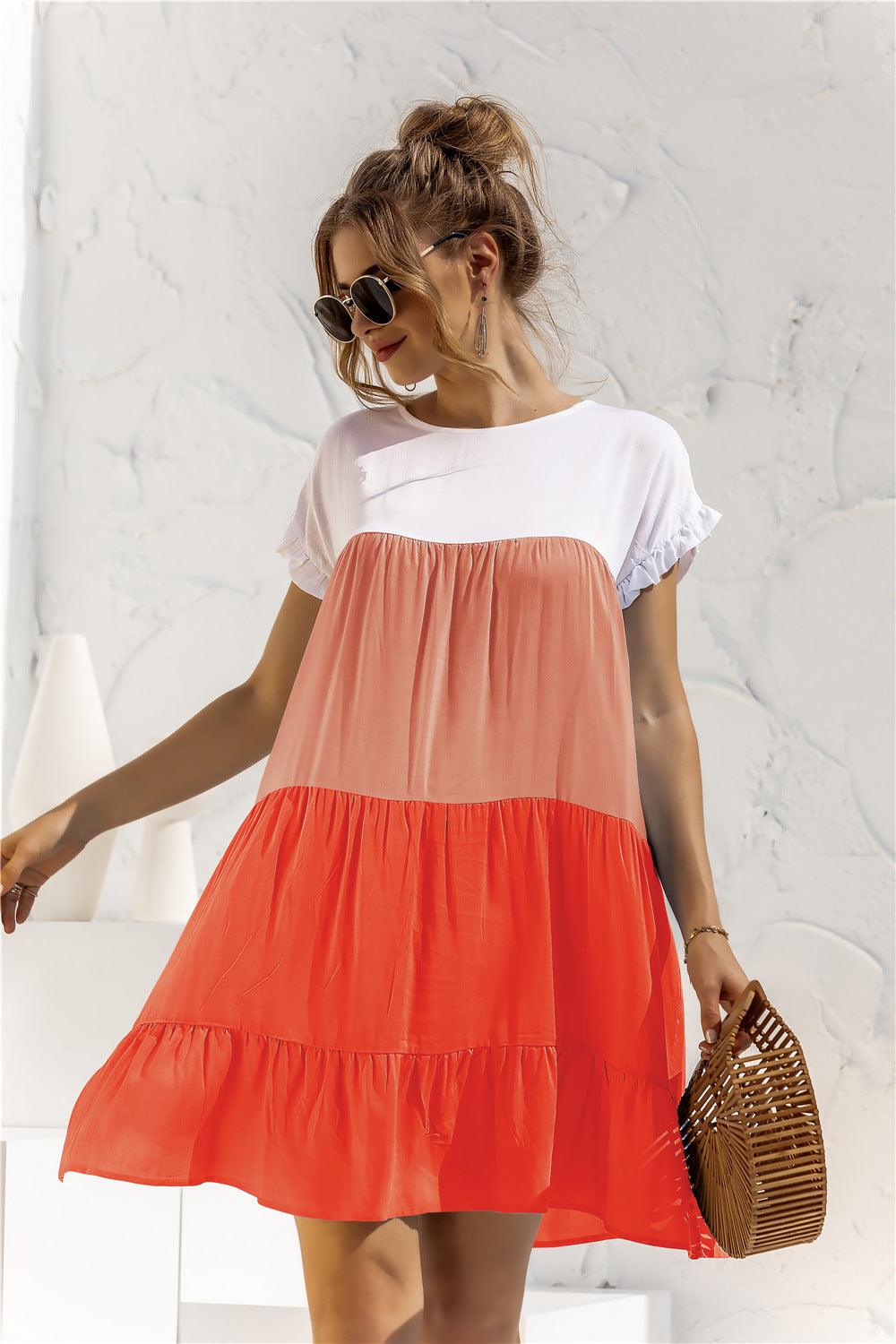 Color Block Round Neck Ruffle Hem Tiered Short Dress - Dresses