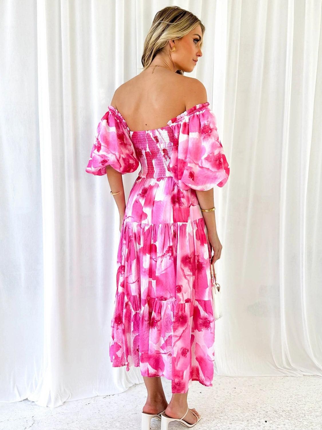 Floral Smocked Off-Shoulder Tiered Midi Dress - Dresses