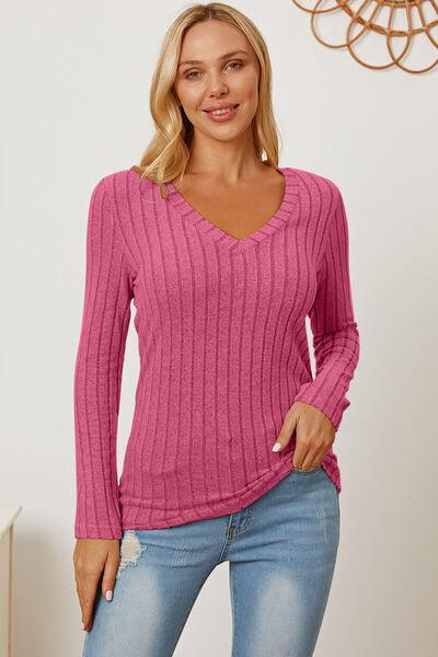 Basic Bae Ribbed V-Neck Long Sleeve Top - Top