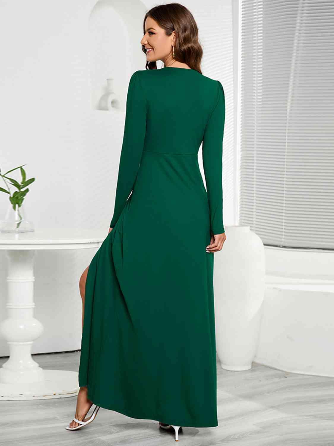 V-Neck Long Sleeve Split Dress - Dresses