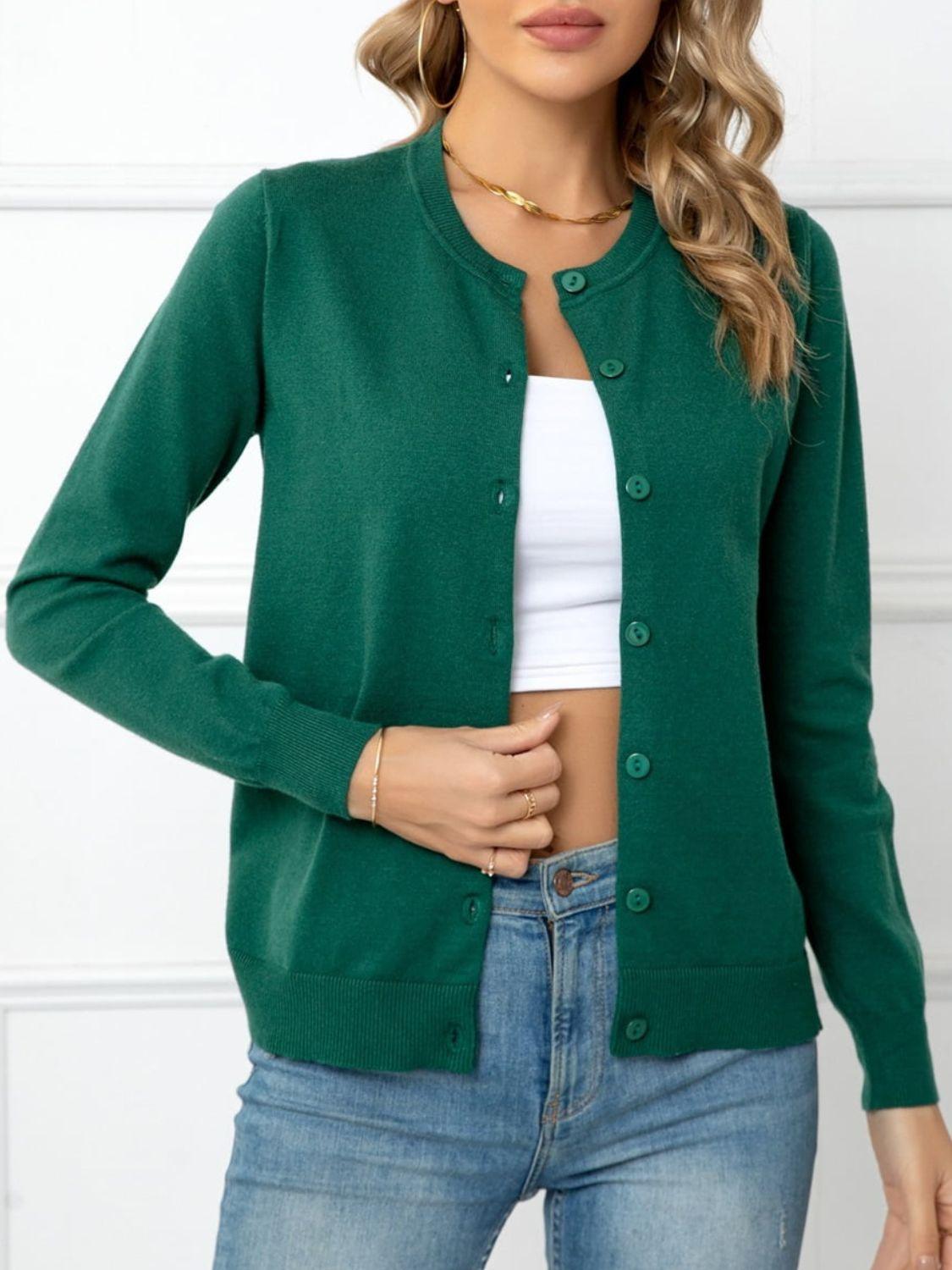 Button Down Round Neck Cardigan - Cardigan