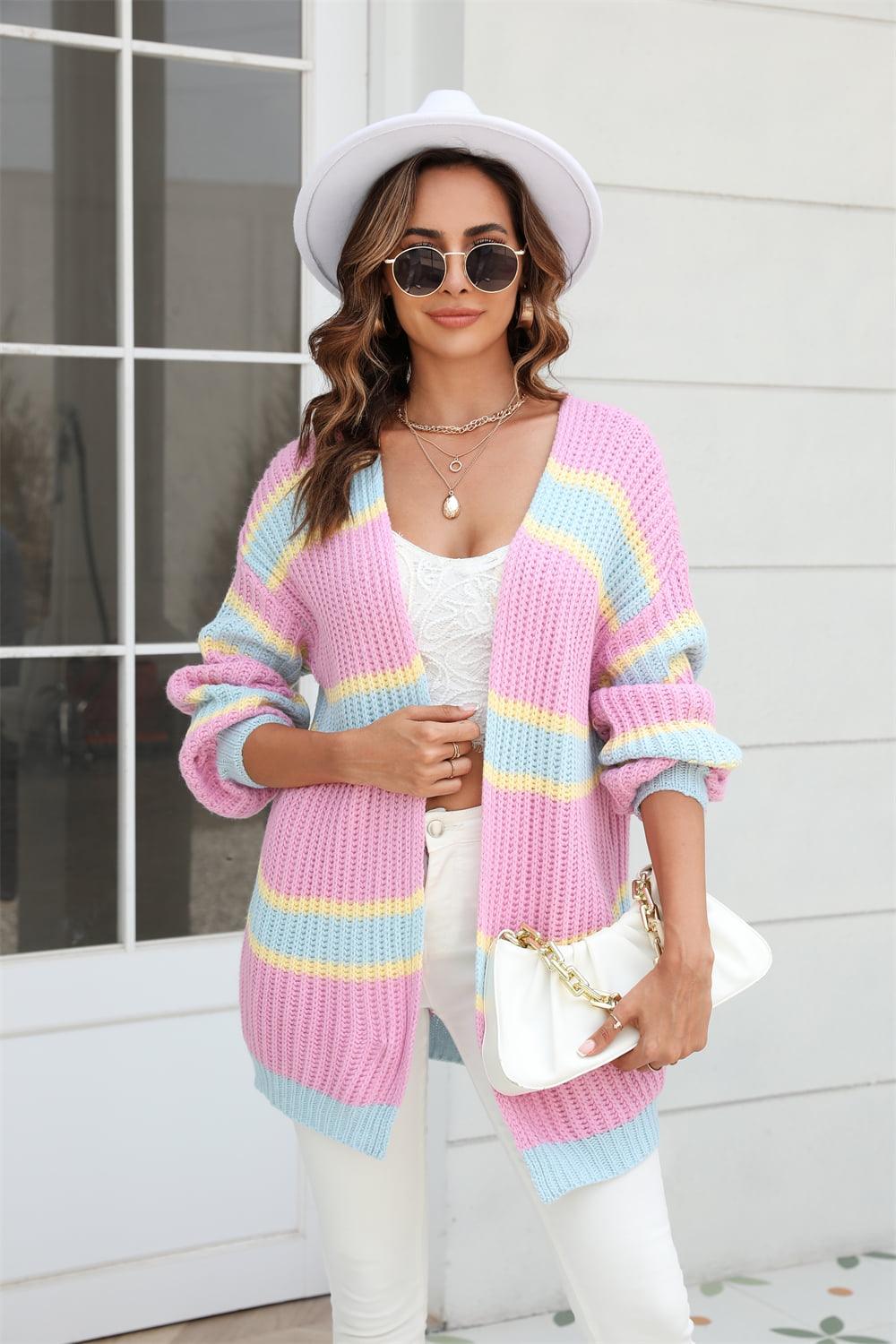 Color Block Ribbed Open Front Cardigan - Cardigan