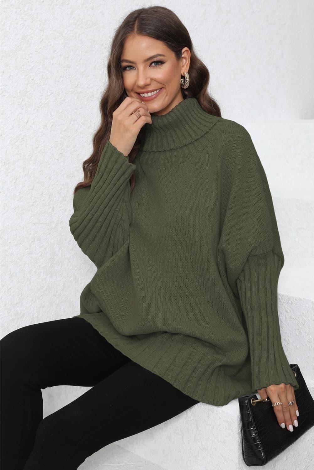 Turtle Neck Long Sleeve Ribbed Sweater - Sweater