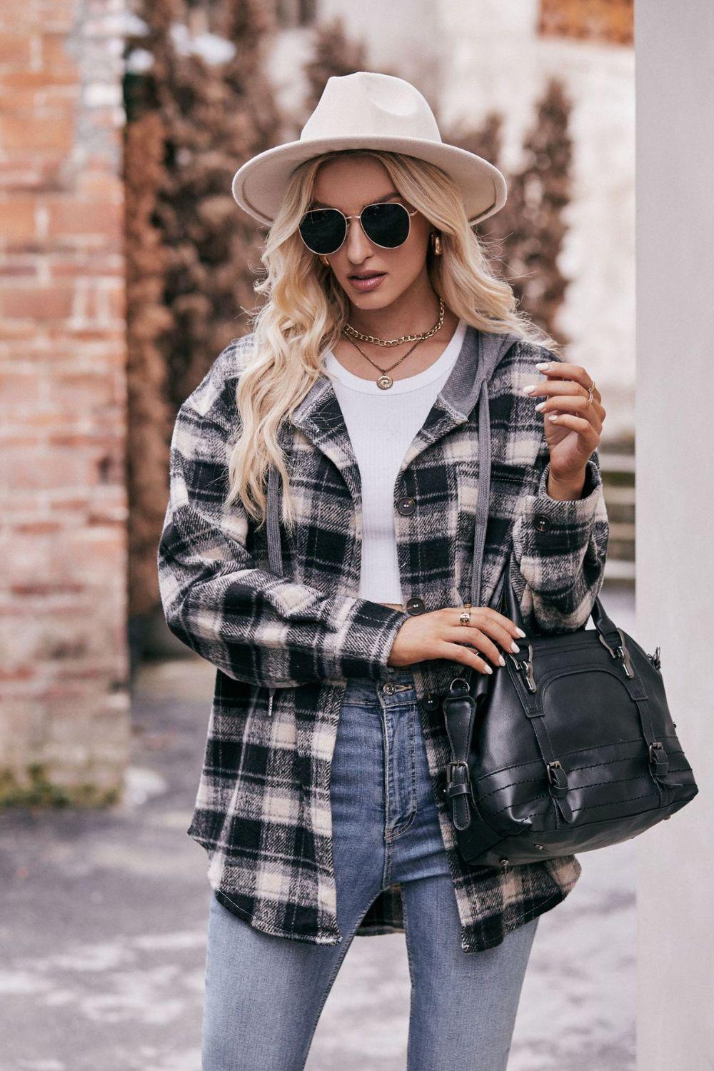 Plaid Dropped Shoulder Hooded Longline Shirt Jacket - Jacket