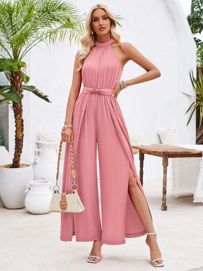 Ruched Slit Tied Sleeveless Halter Neck Jumpsuit