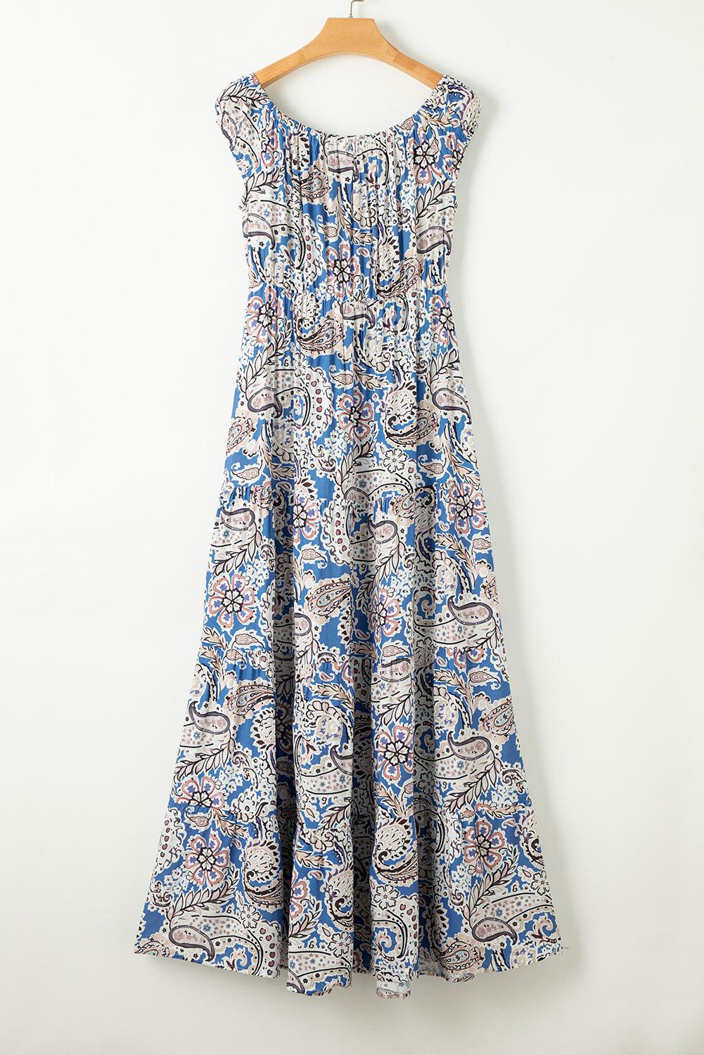 Paisley Off-Shoulder Short Sleeve Maxi Dress - Dresses