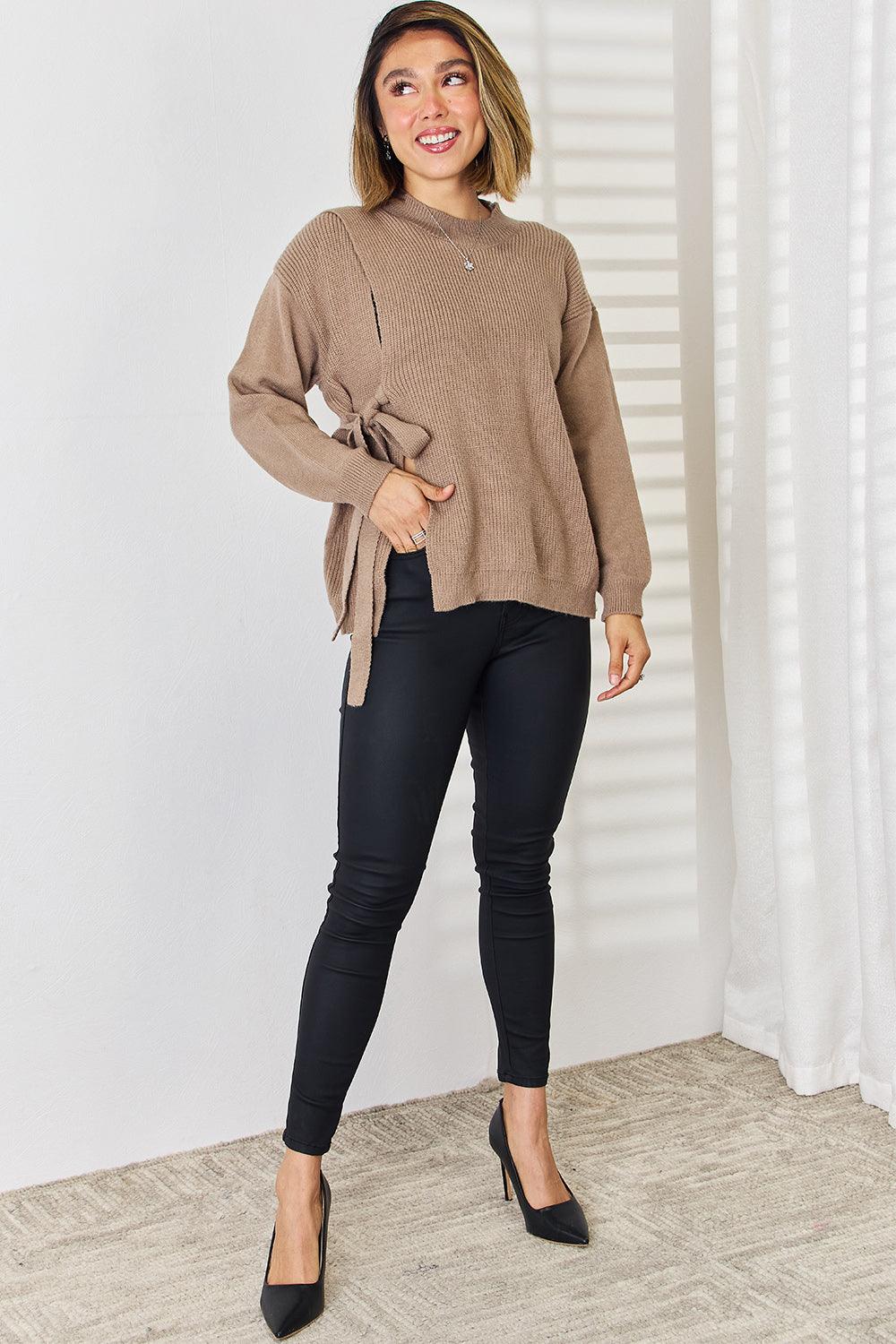 Slit Tied Dropped Shoulder Sweater - Sweater