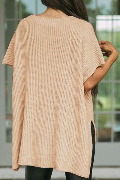 Waffle-Knit Slit Short Sleeve Sweater - Sweater