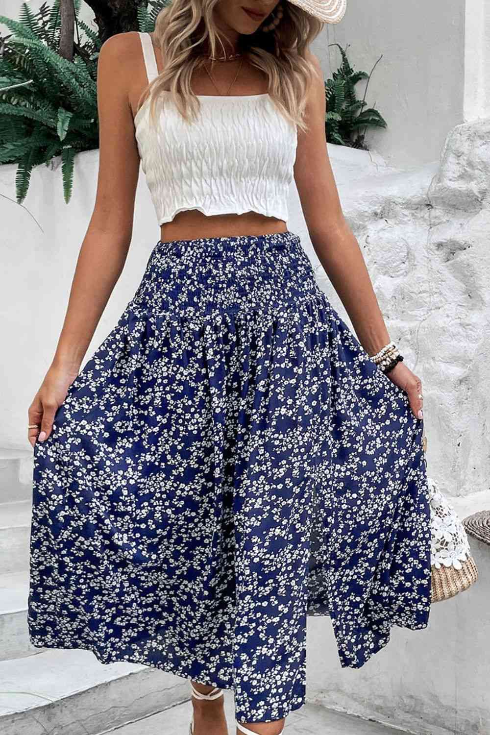 Ditsy Floral Slit High Waist Midi Skirt