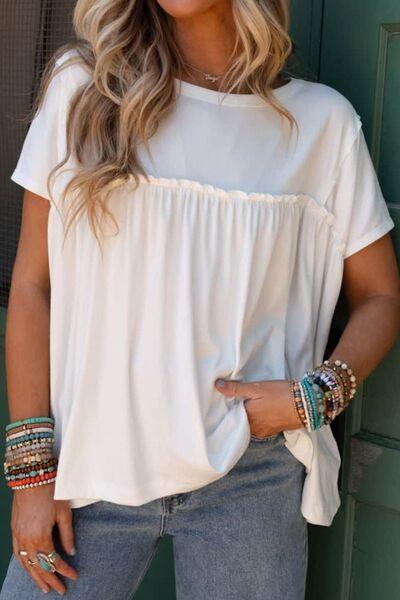 Frill Round Neck Short Sleeve Top - Top