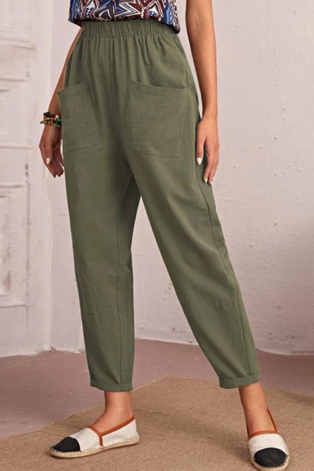 Cropped Elastic High Waist Pocket Tapered Pants - Pant