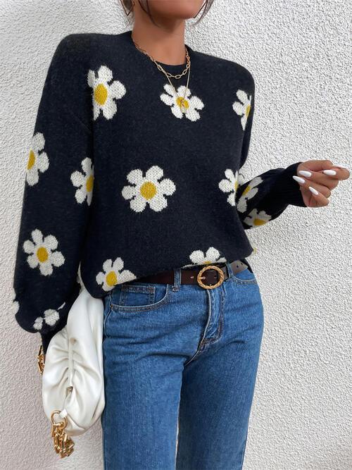 Flower Round Neck Latern Sleeve Sweater - Sweater