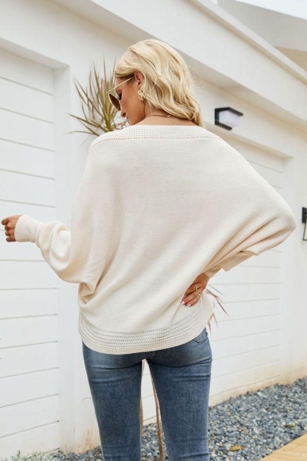 Ribbed Long Dolman Sleeve Plunge V-Neck Sweater - Sweater