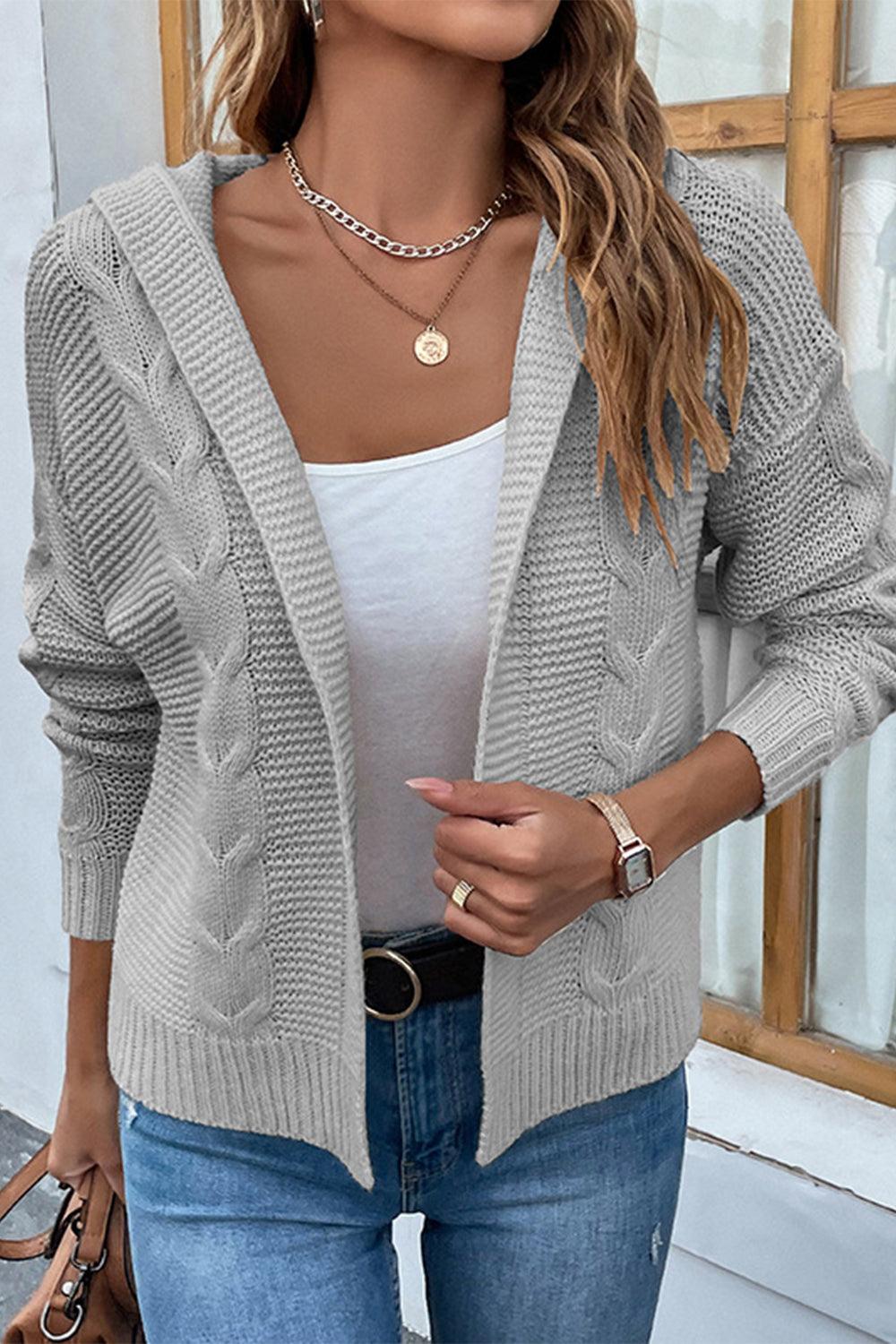 Cable-Knit Dropped Shoulder Hooded Cardigan - Cardigan