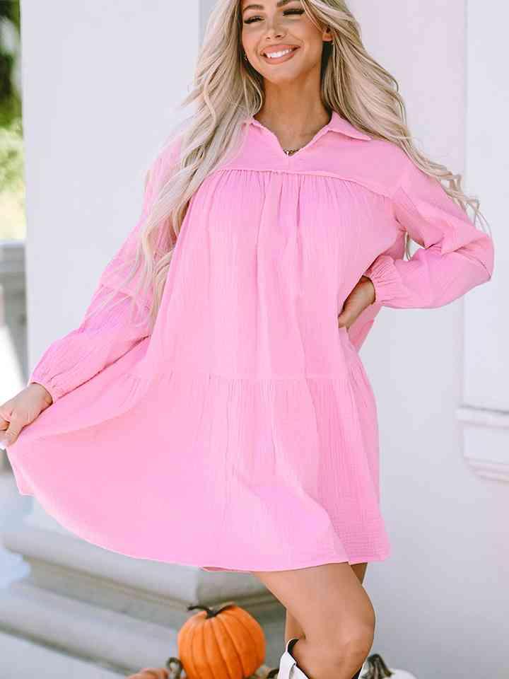 Ruched Long Sleeve Mini Dress - Dresses